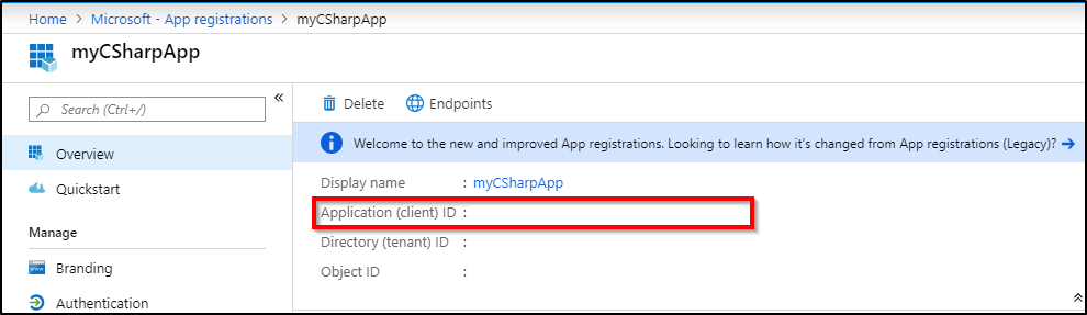 Capture d’écran montrant l’ID d’application dans le portail Azure.