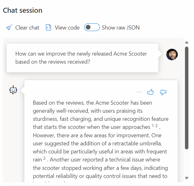 Capture d'écran d'un robot d'IA répondant à une question à l'aide de données stockées dans la base de données Azure SQL.