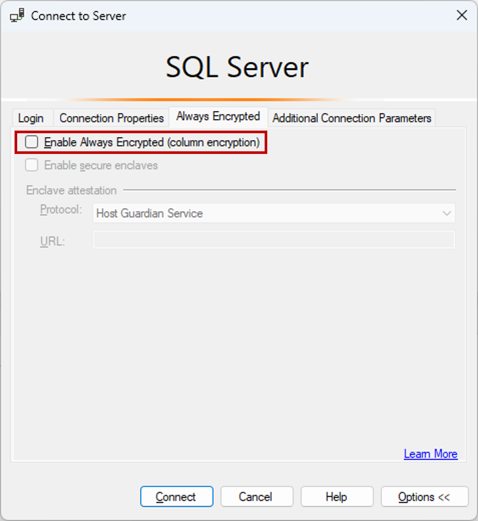 Capture d’écran de Se connecter au serveur en utilisant SSMS sans Always Encrypted activé.