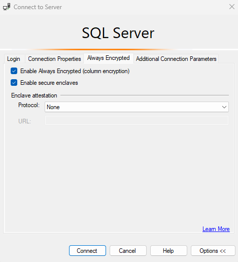 Capture d’écran de l’onglet Always Encrypted de la boîte de dialogue Se connecter au serveur de SSMS, avec le protocole d’attestation défini sur Aucun.