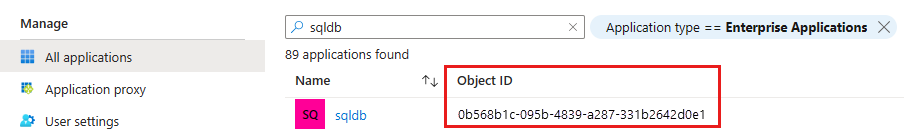 Capture d’écran montrant où trouver l’ID d’objet d’une application d’entreprise.