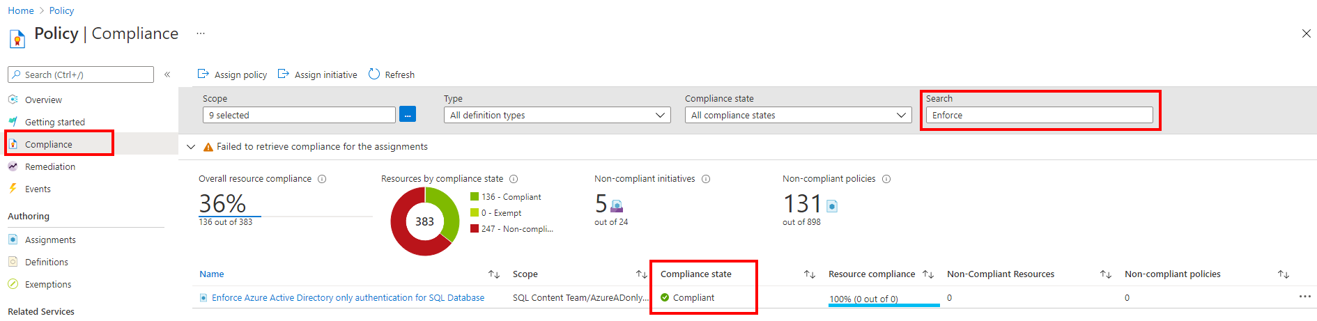 Capture d’écran de la conformité Azure Policy pour l’authentification Azure AD uniquement.