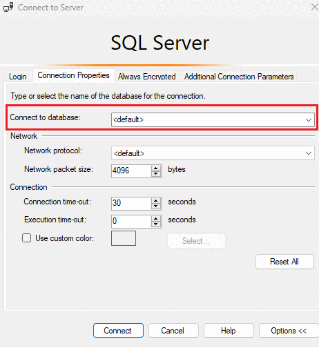 Capture d’écran de SSMS dans le menu Options.