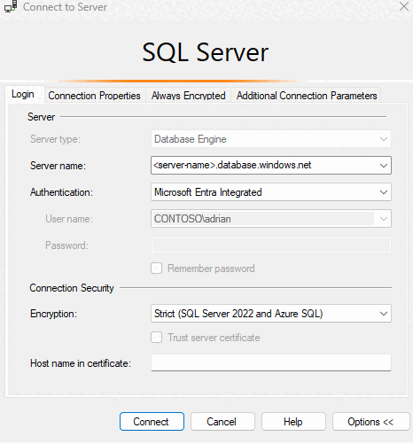 Capture d’écran de SSMS montrant l’authentification intégrée Microsoft Entra.