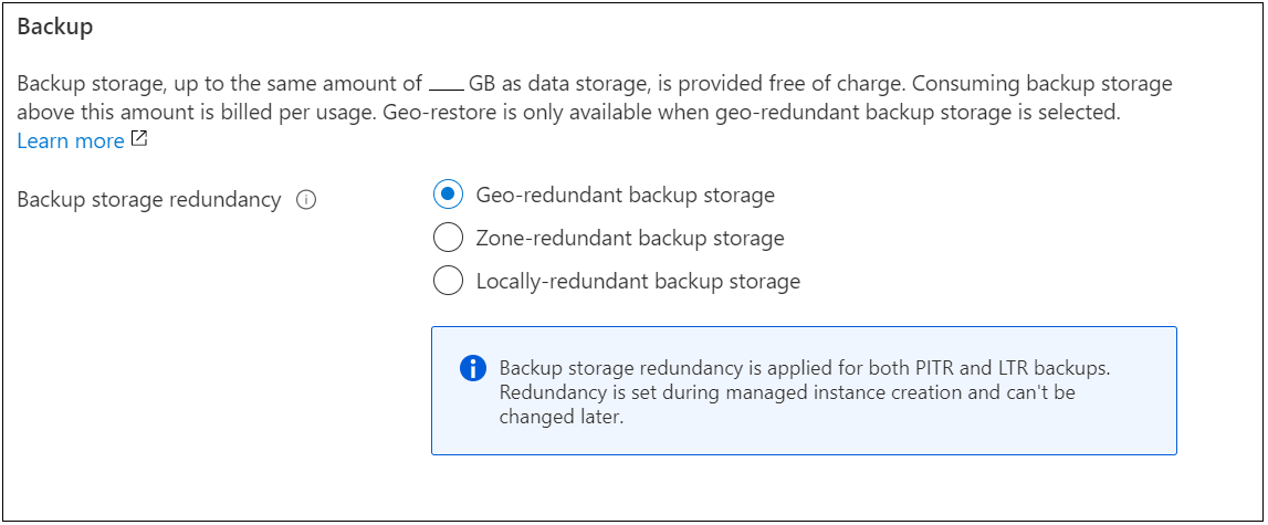 Capture d’écran montrant la sélection de la redondance du stockage de sauvegarde dans le portail Azure pour une instance gérée.