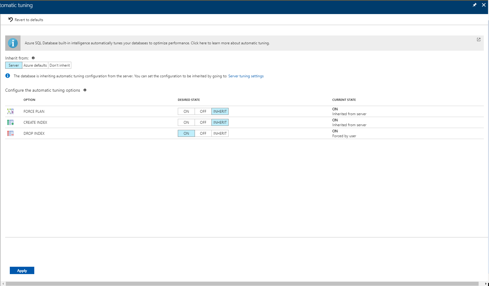 Capture d’écran montrant le Paramétrage automatique dans le Portail Azure, où vous pouvez appliquer des options pour une base de données unique.