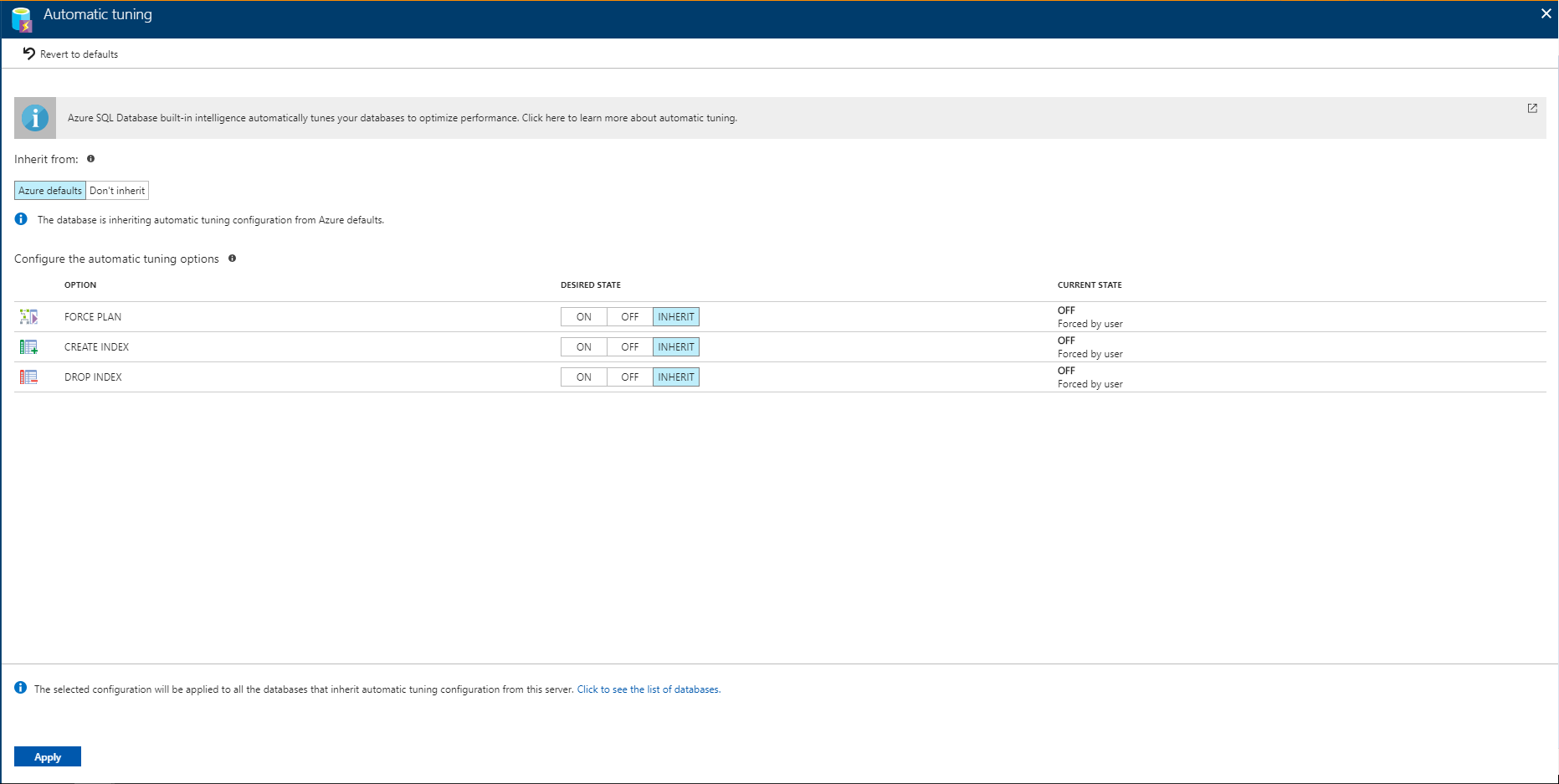 Capture d’écran montrant le Paramétrage automatique dans le Portail Azure, où vous pouvez appliquer des options pour un serveur.