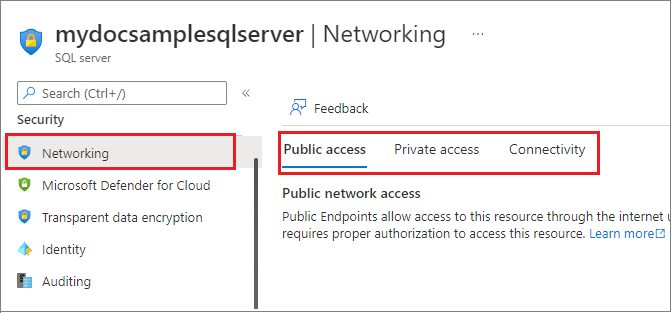 Capture d’écran des paramètres de pare-feu et de réseaux virtuels dans Portail Azure pour SQL server.