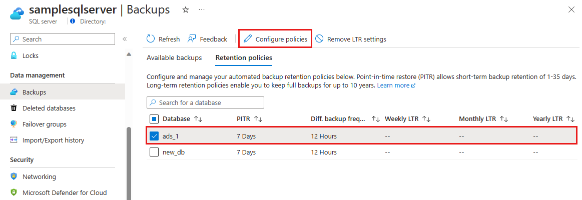 Capture d’écran du portail Azure montrant l’onglet Stratégies de rétention pour la configuration de stratégies de rétention de sauvegarde.