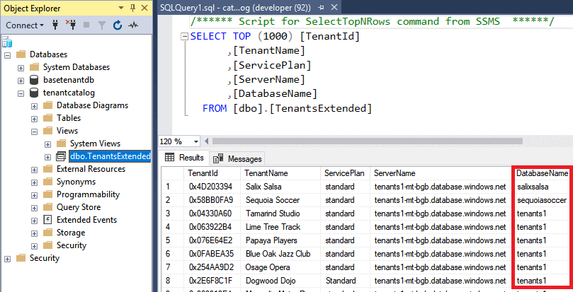 Vue ExtendedTenants dans SSMS