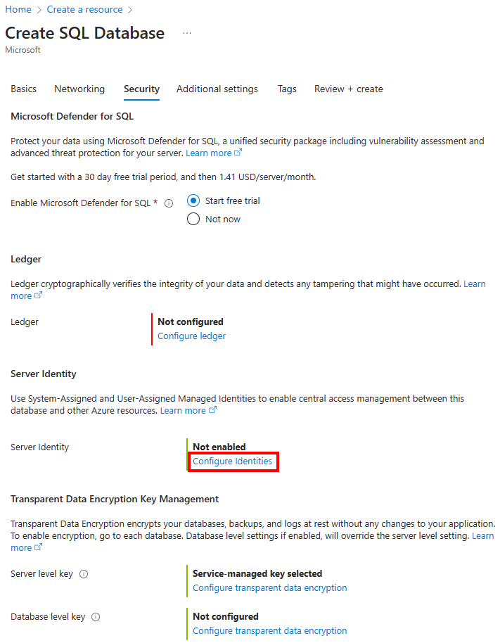 Capture d’écran des paramètres de sécurité et de la configuration des identités dans le portail Azure.