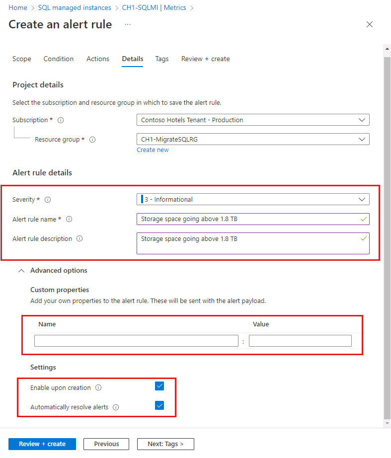 Capture d’écran de l’onglet Détails de la boîte de dialogue Créer une règle alerte dans le portail Azure.