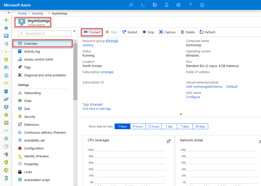 Capture d’écran montrant le Portail Azure avec la page Vue d’ensemble d’une machine virtuelle sélectionnée et Connexion mis en surbrillance.