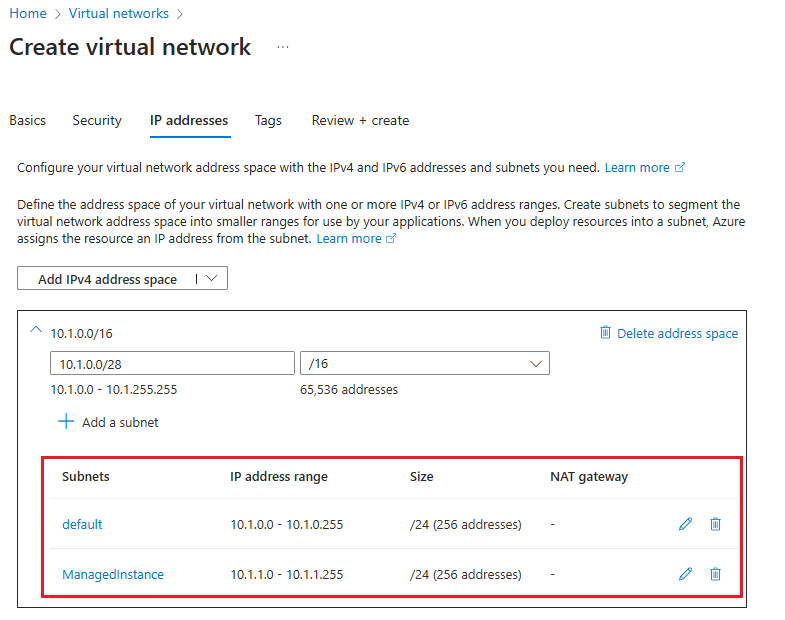 Capture d’écran de l’espace d’adressage d’un nouveau réseau virtuel dans le portail Azure.