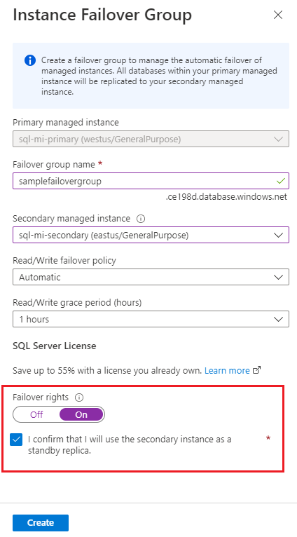 Capture d’écran montrant la création d’un groupe de basculement dans le portail Azure, avec mise en évidence de l’option Droits de basculement. 