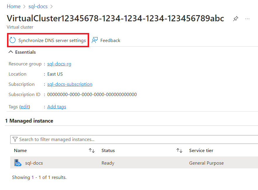 Capture d'écran montrant l'action Synchroniser les paramètres du serveur DNS sur la page de présentation du cluster virtuel.