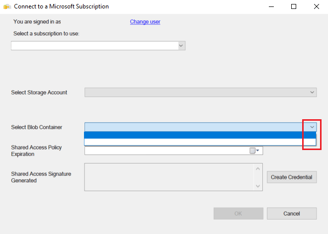 Capture d’écran de la boîte de dialogue Se connecter à un abonnement Microsoft. La flèche bas sur la zone de liste Sélectionner un conteneur d’objets blob est mise en évidence.