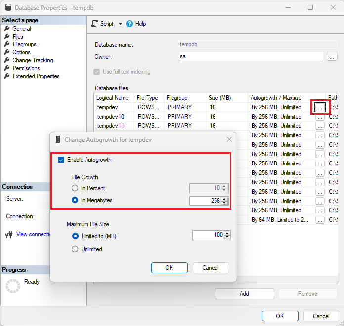 Capture d’écran de modification de la croissance automatique pour tempdev dans SSMS, avec le nouveau nom de fichier de base de données mis en évidence.