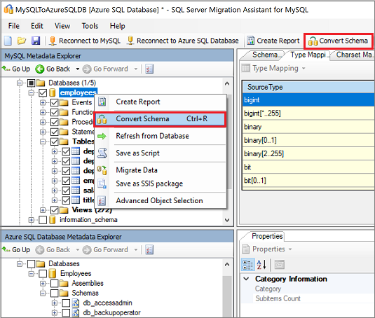 Capture d’écran de la commande « Convertir le schéma » dans le volet « Explorateur de métadonnées MySQL ».