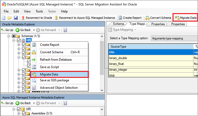 Capture d’écran montrant Migrate Data.