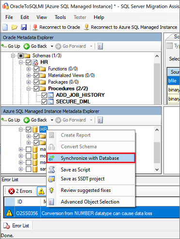 Capture d’écran montrant Synchronize with Database.