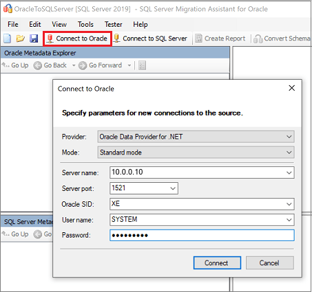 Capture d’écran montrant la boîte de dialogue Se connecter à Oracle.