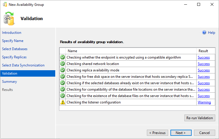 Capture d’écran de la page montrant les résultats de la validation dans l’Assistant Nouveau groupe de disponibilité dans SSMS.