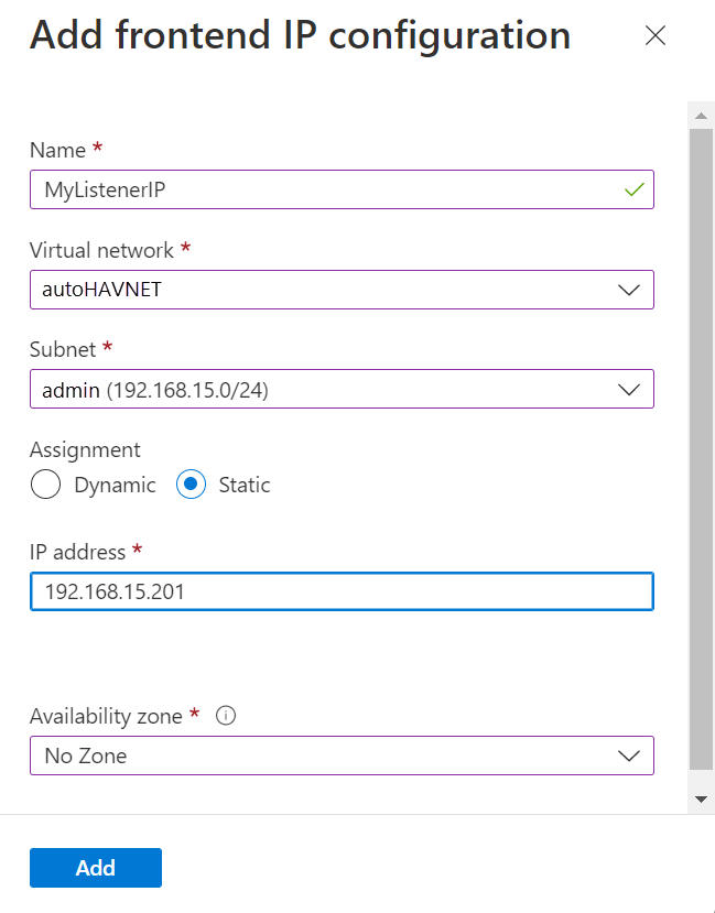 Capture d’écran du portail Azure montrant la boîte de dialogue de configuration de l’adresse IP front-end.