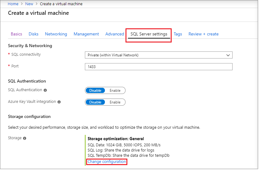 Capture d’écran mettant en surbrillance l’onglet Paramètres SQL Server et l’option Modification de la configuration.