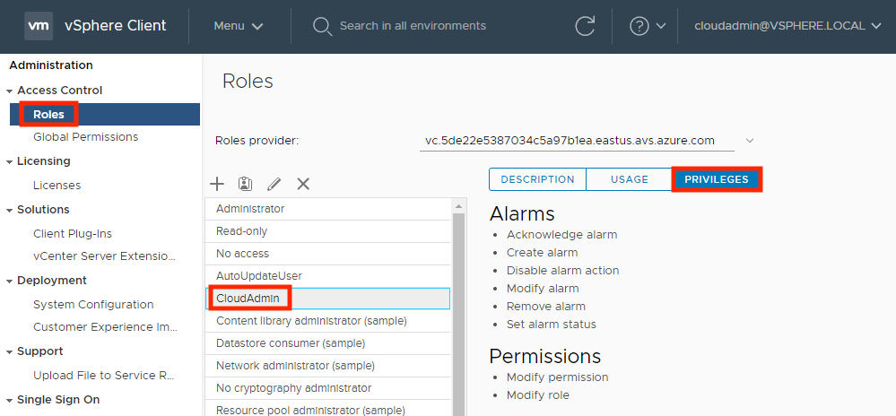 Capture d’écran montrant les rôles pour CloudAdmin dans le client vSphere.