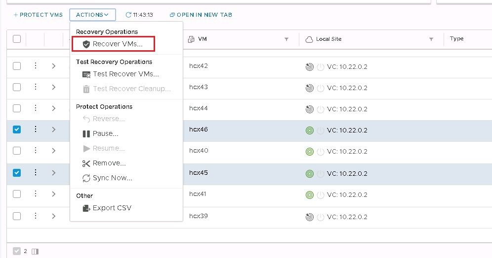 Capture d’écran montrant l’option de menu Récupérer des machines virtuelles.