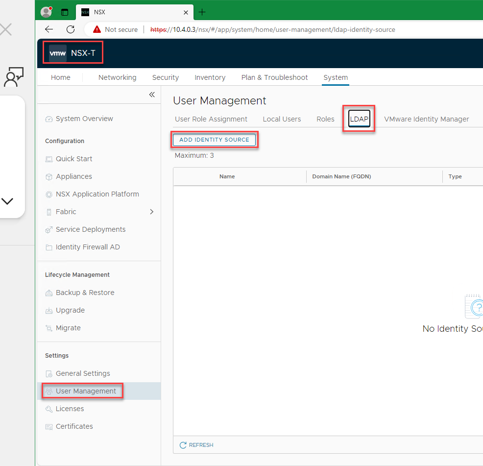 Capture d’écran montrant NSX Manager avec les options mises en surbrillance.