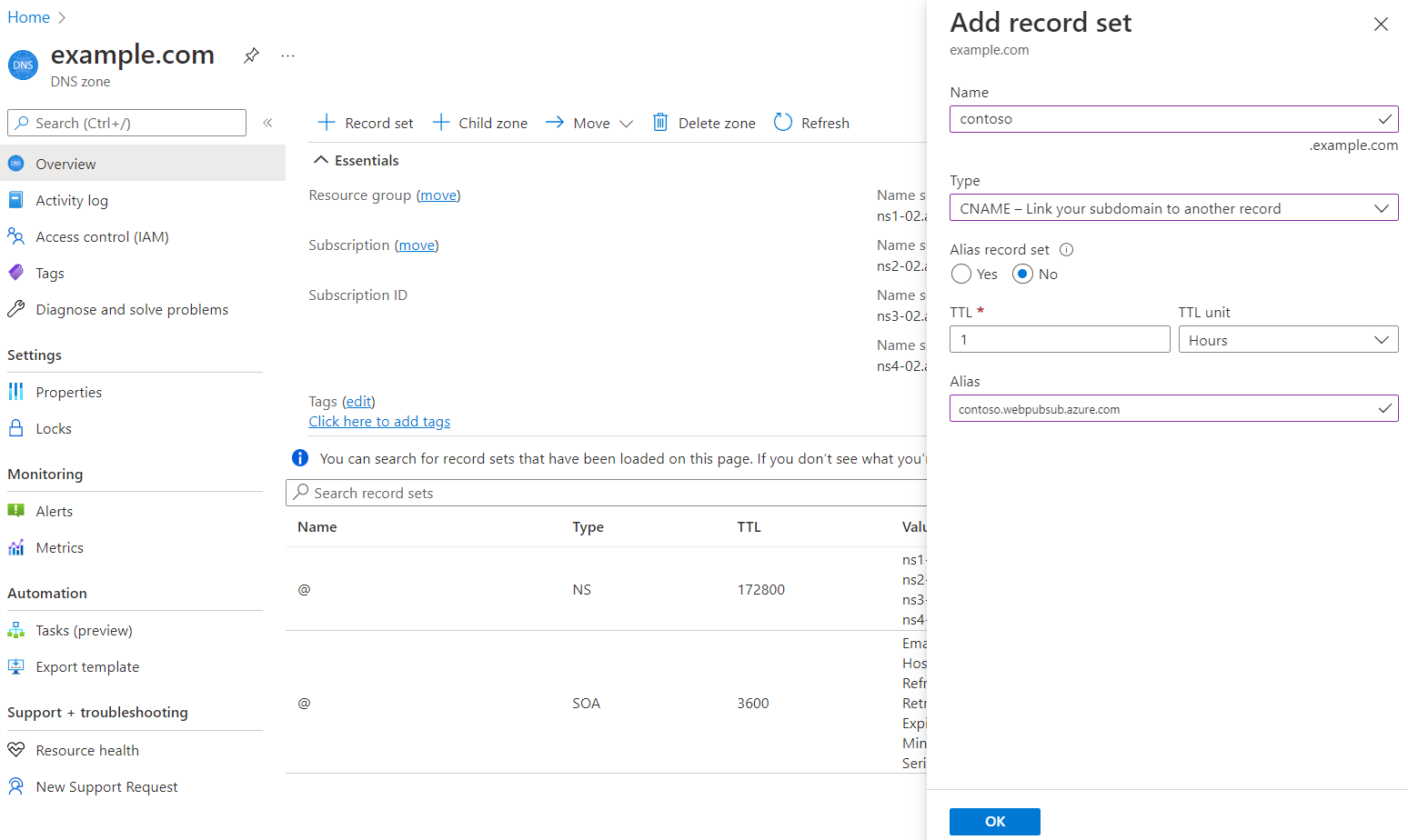 Capture d’écran illustrant l’ajout d’un enregistrement CNAME dans une zone Azure DNS.