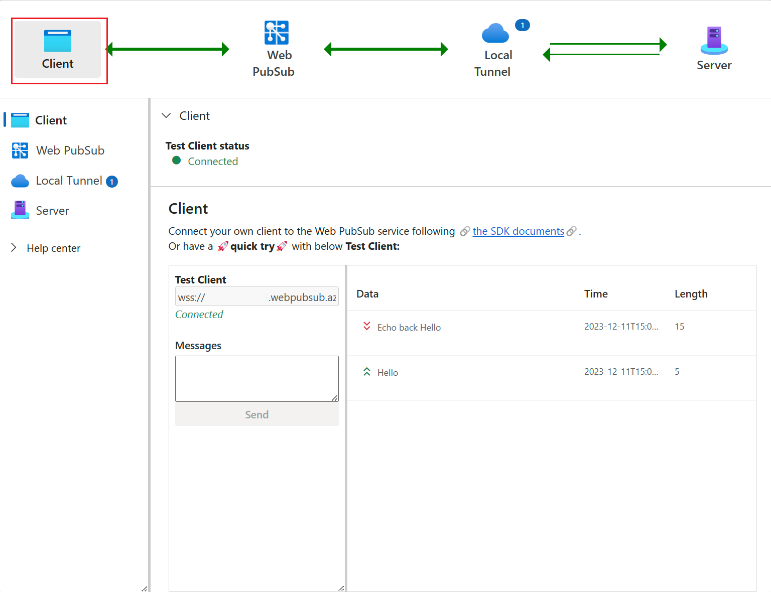 Capture d’écran du démarrage de la connexion WebSocket de test et de l’envoi de messages.