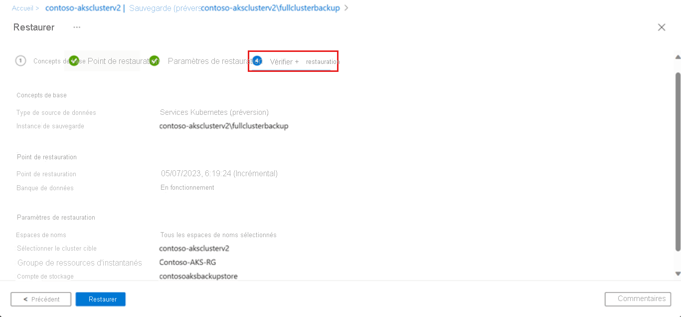 Capture d'écran montrant l'onglet Vérification + restauration pour la restauration.
