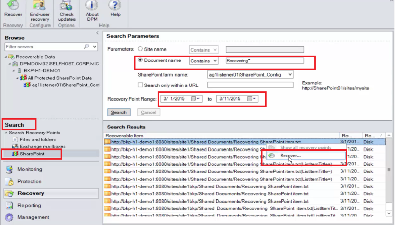 Capture d’écran montrant comment rechercher des éléments de récupération SharePoint à l’aide d’une recherche avec des caractères génériques.