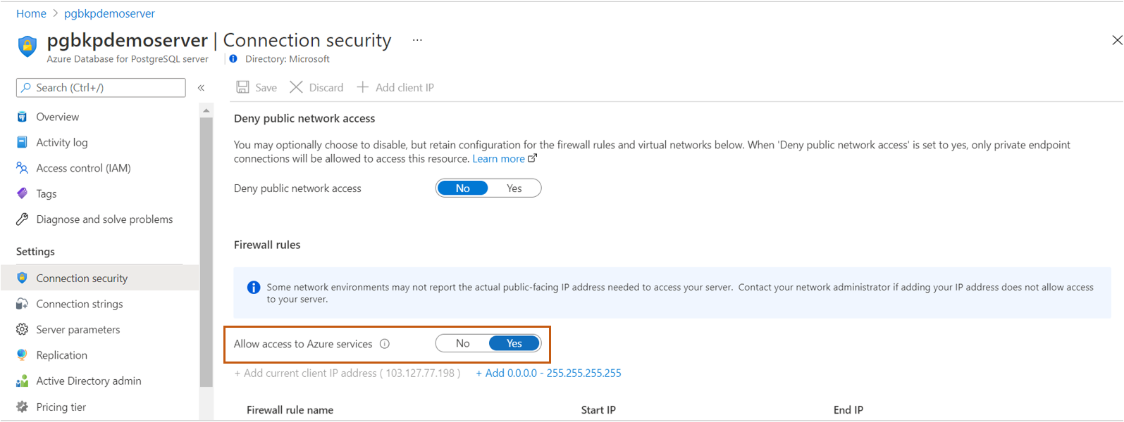 Capture d’écran montrant l’option permettant de définir l’accès de la ligne d’horizon du réseau sur le serveur Azure PostgreSQL.