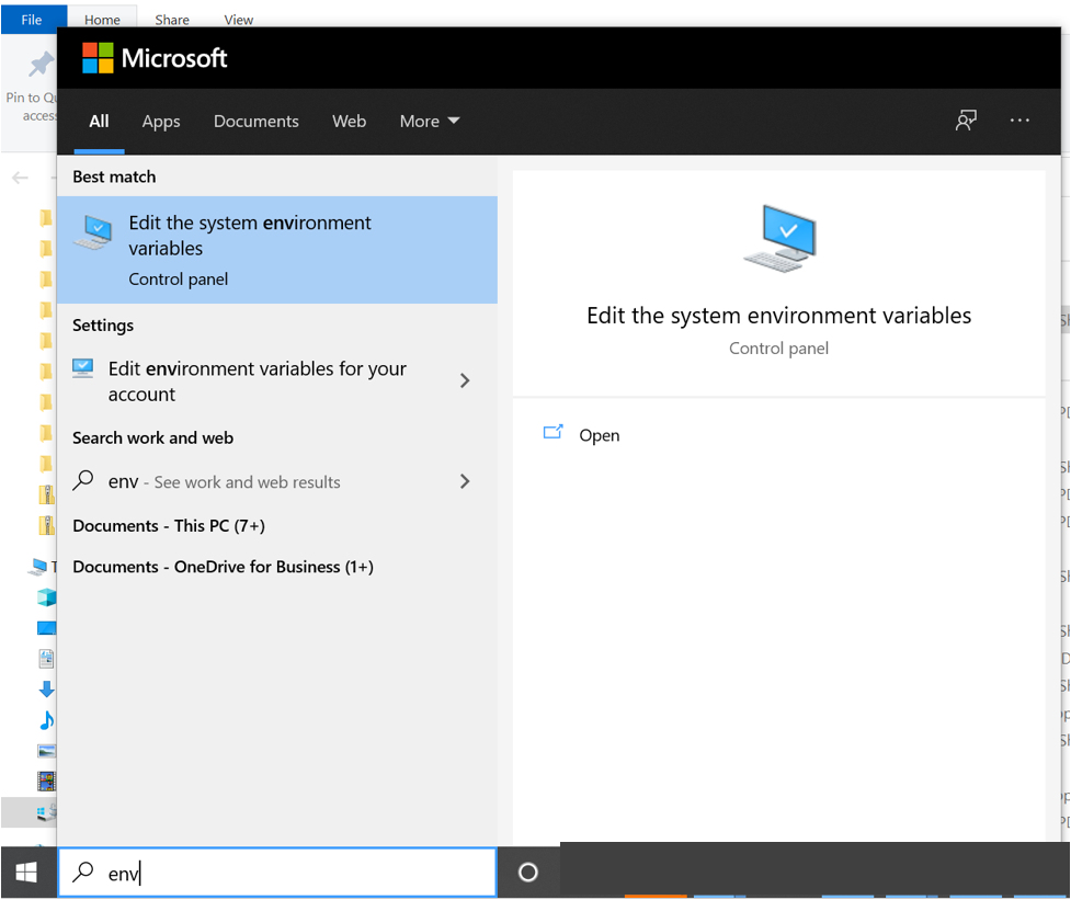 Capture d’écran montrant l’option permettant de rechercher l’application des paramètres d’environnement.