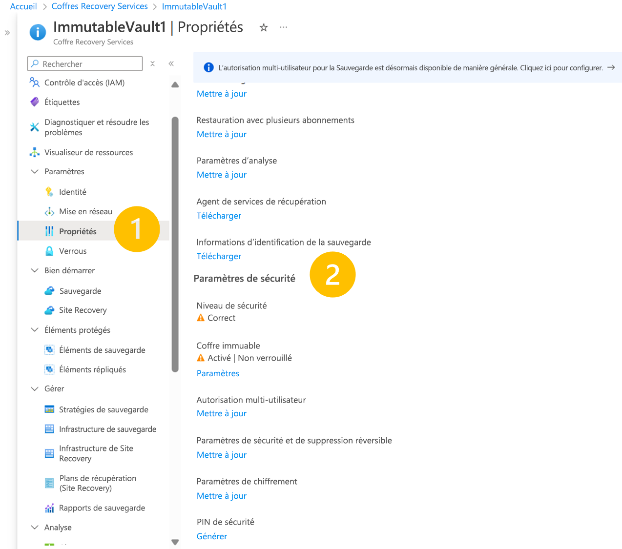 Capture d’écran montrant comment ouvrir les paramètres de coffre immuable à désactiver.