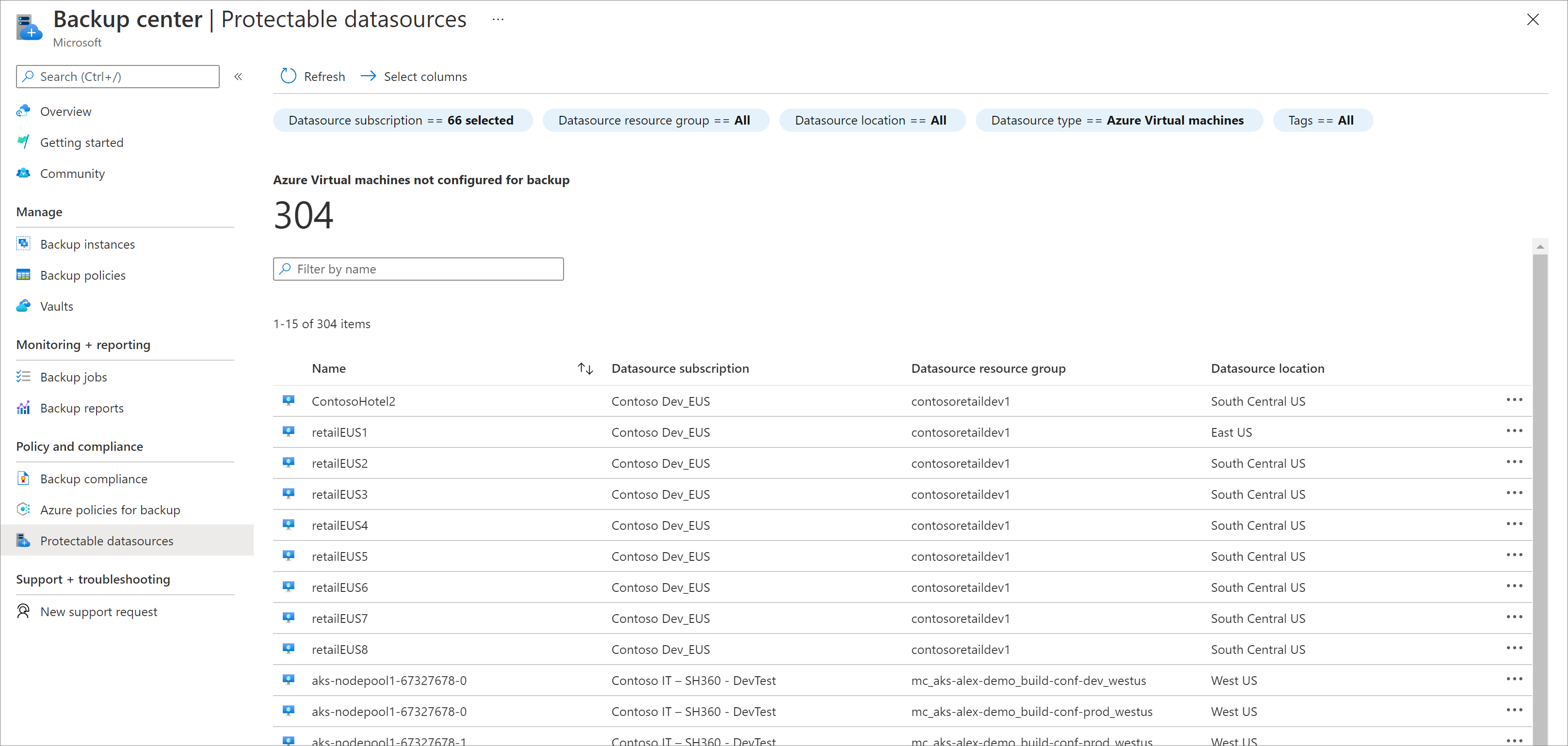 Menu des sources de données protégeables