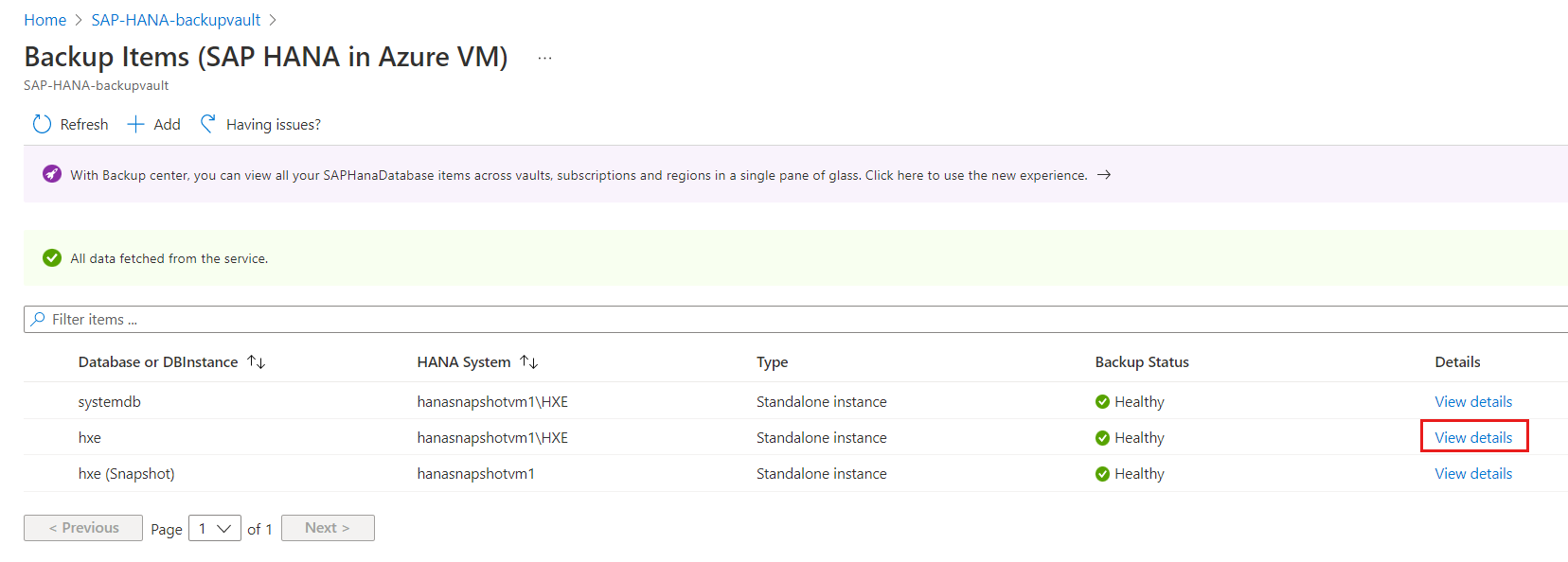 Capture d’écran qui montre le lien Afficher les détails pour la base de données locataire SAP HANA.