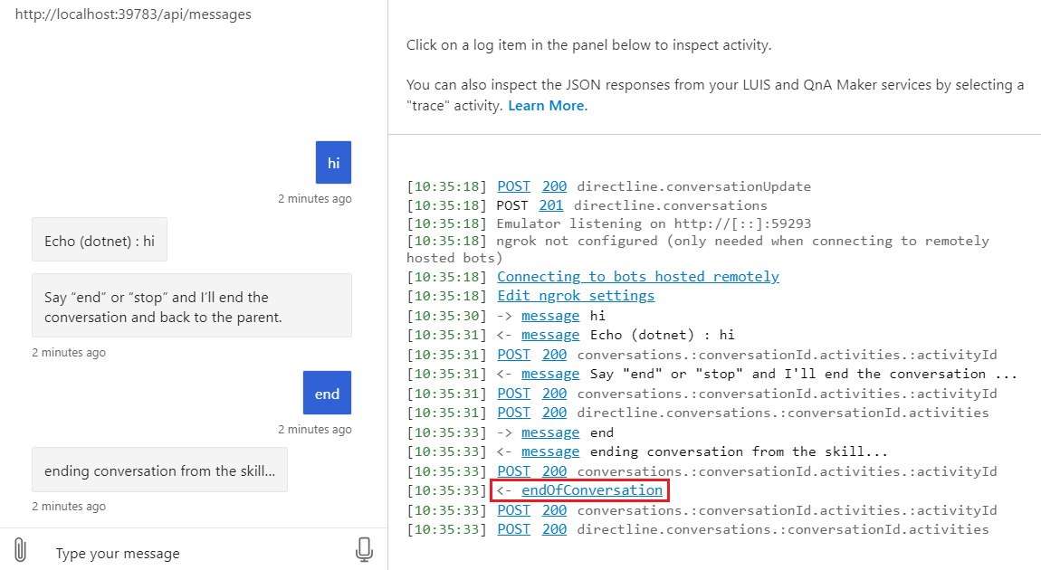 Exemple de transcription montrant l’activité de fin de conversation.