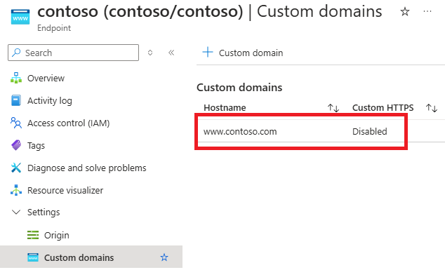 Capture d’écran de la page du domaine personnalisé avec l’option d’utiliser mon propre certificat.