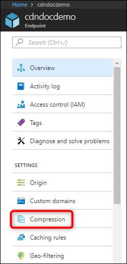 Capture d’écran représentant un point de terminaison avec l’option Compression sélectionnée dans le menu du portail.