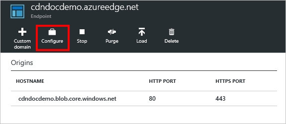 Page Point de terminaison avec bouton Configurer mis en surbrillance