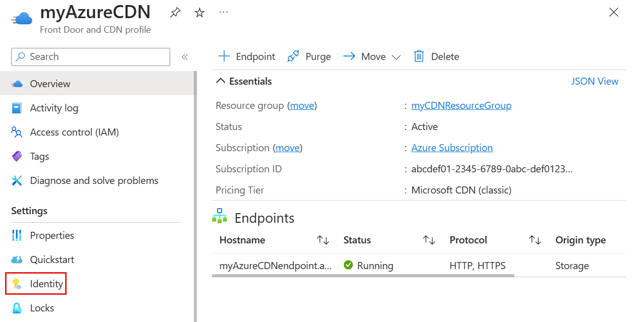 Capture d’écran du bouton Identité sous les paramètres d’un profil Content Delivery Network.