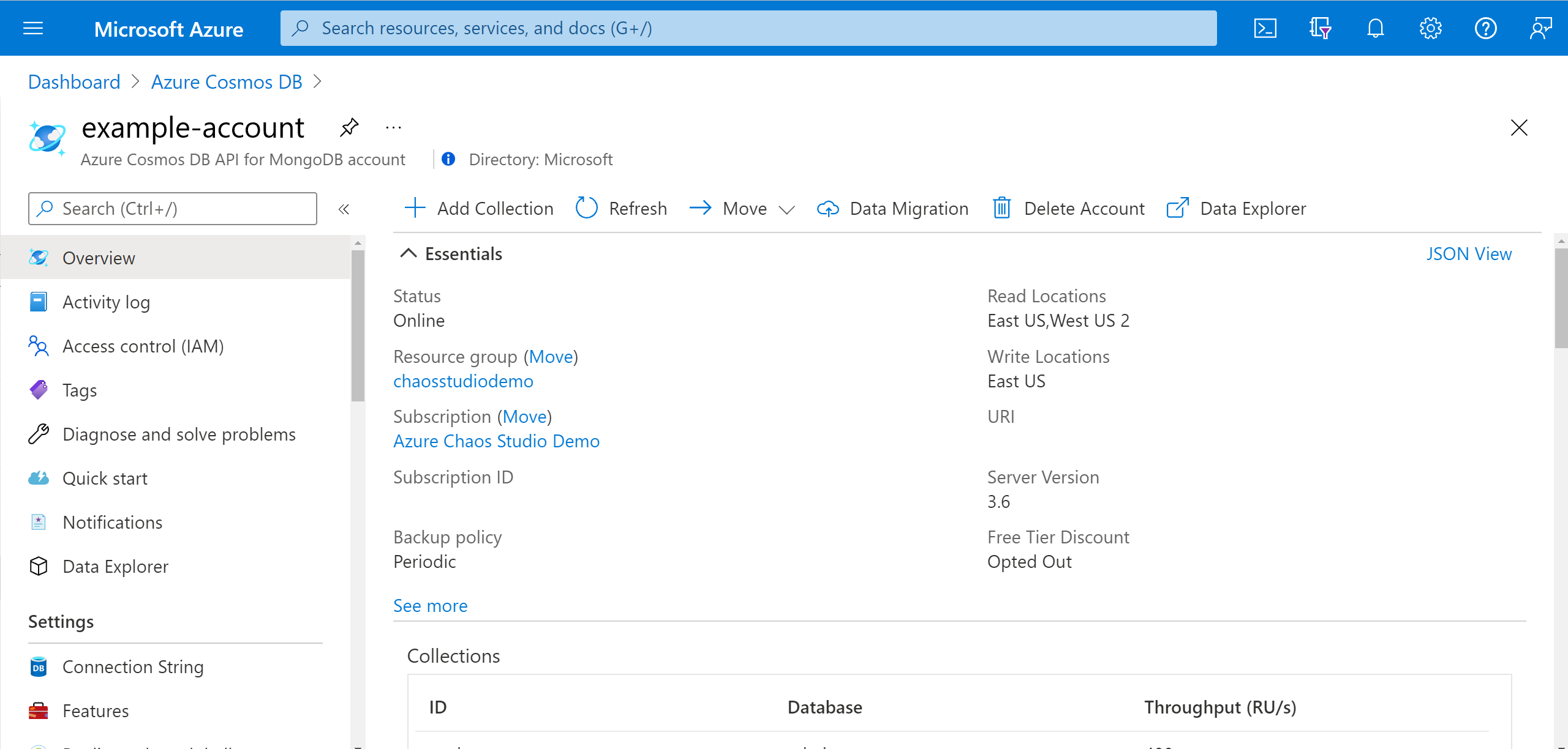 Capture d’écran montrant la page Vue d’ensemble d’Azure Cosmos DB.