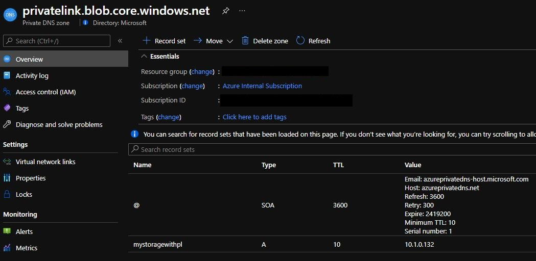 Capture d’écran montrant la zone DNS privée et l’emplacement où confirmer que l’enregistrement DNS existe.