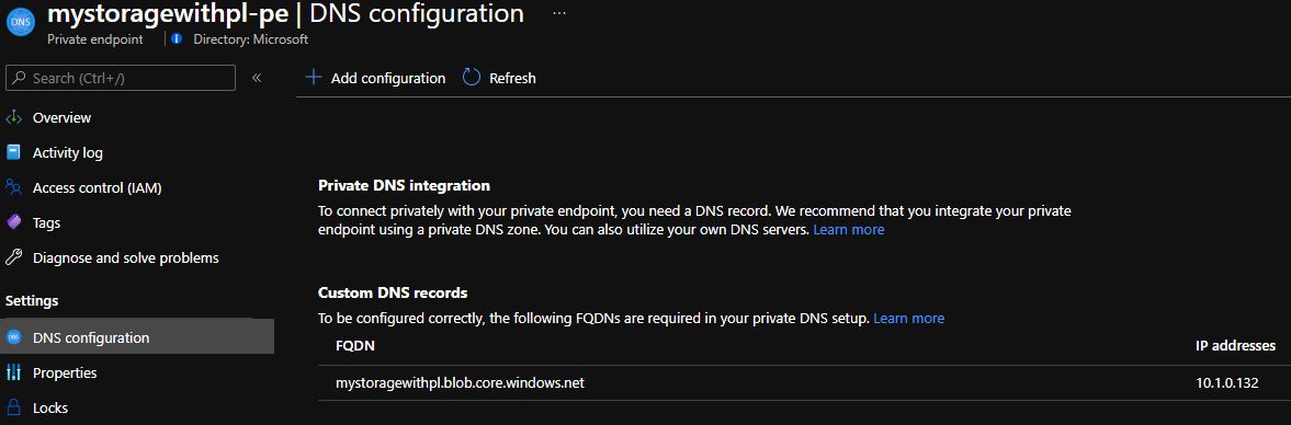 Capture d’écran montrant l’emplacement pour vérifier le point de terminaison privé, son FQDN et son IP privée.