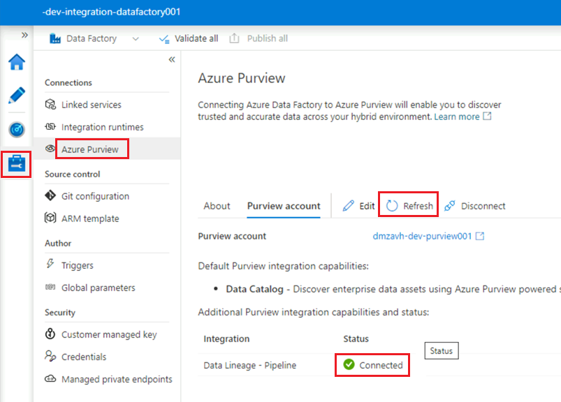 Capture d’écran présentant le compte Azure Data Factory Purview avec le pipeline de traçabilité des données connecté.